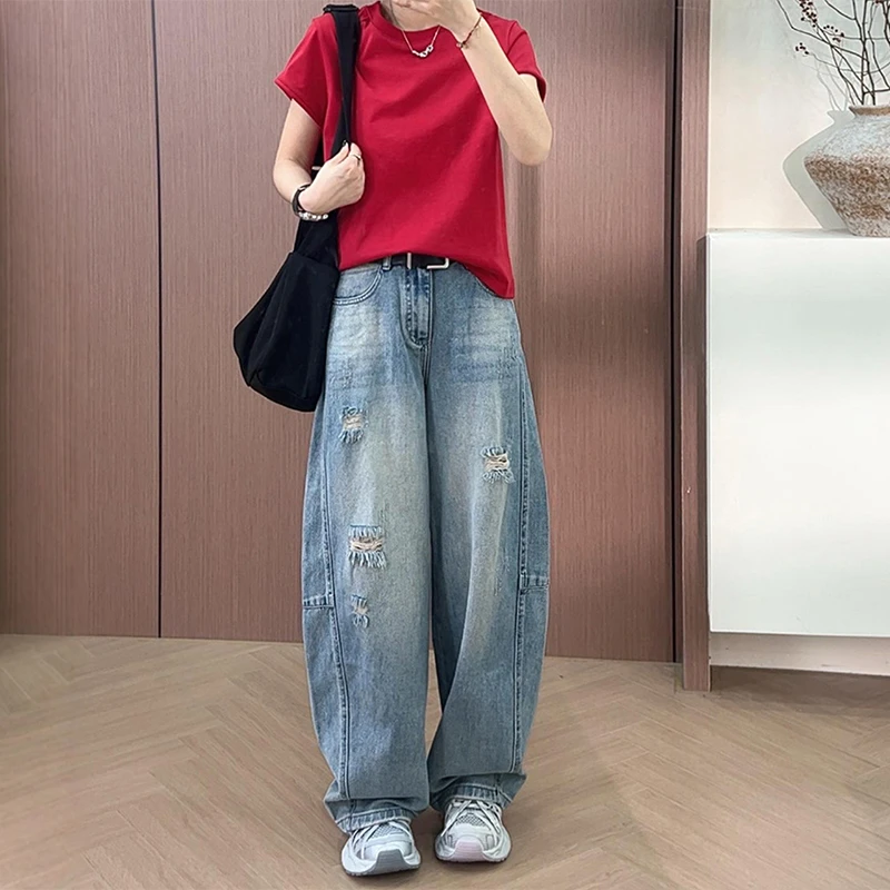 2025新款夏季薄款大码显瘦阔腿弯刀牛仔裤女破洞胖mm宽松直筒裤子