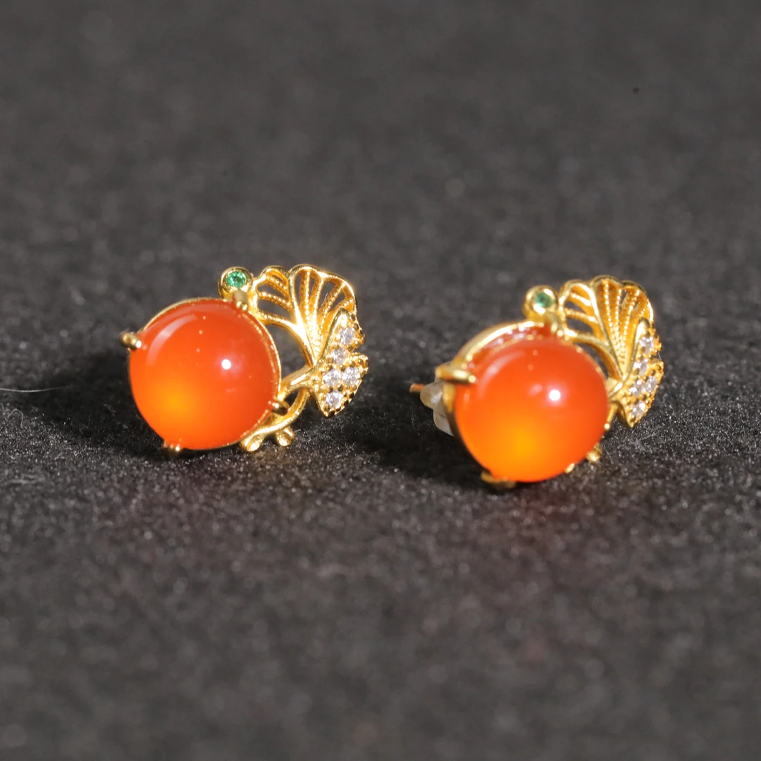 保山原矿无胶南红耳钉S925银镶嵌 Lnh250630-32