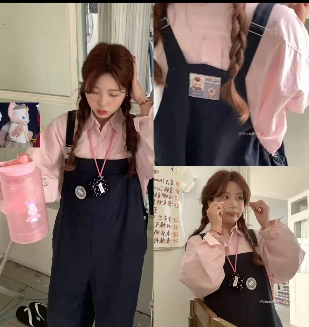 大码宽松港风显瘦粉嫩套装INS风春季时尚套装背带裙-7797