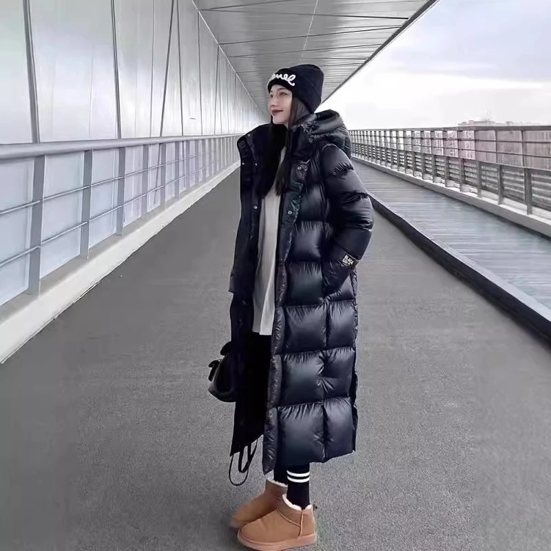 男女同款黑金长款羽绒服2025新款高端连帽过膝加厚冬季外套