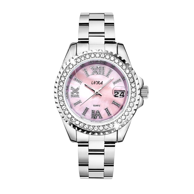 樱花粉 贝母盘夜光高级感满钻轻奢钢带女表58563 H