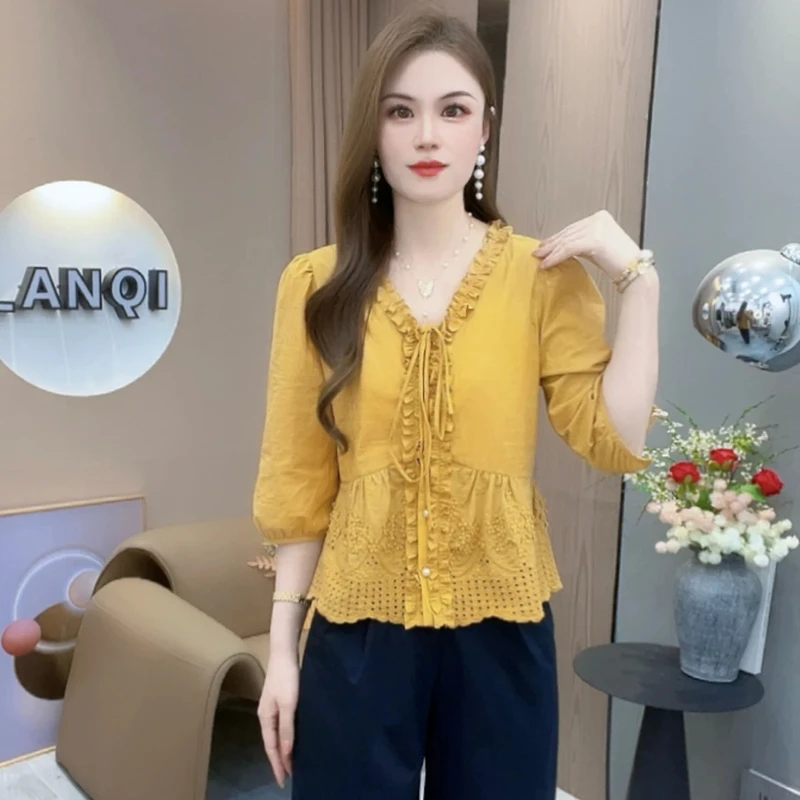 A8710法式休闲中袖衬衫女早秋新款洋气显瘦减龄宽松系带上衣