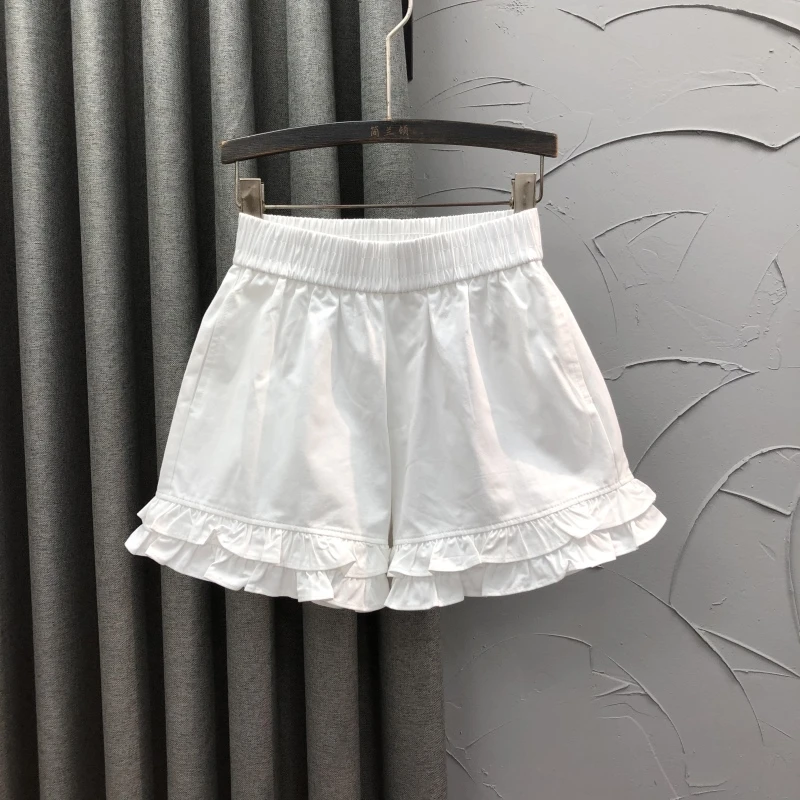 韩版时尚气质百搭木耳边白色休闲裤夏天新款高腰显瘦A字阔腿短裤