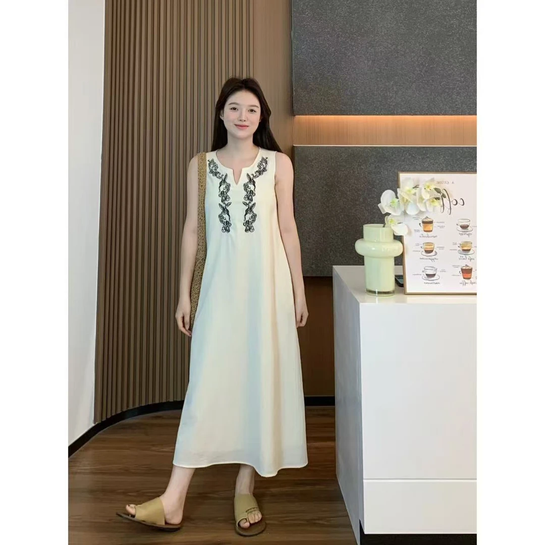 小羽酱小个子定制夏季韩系时尚仿麻垂感宽松刺绣民族风无袖连衣裙
