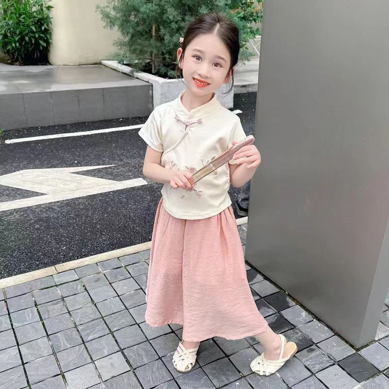 女童夏季中式国风套装2025新款中大童洋气盘扣短袖儿童长裤两件套