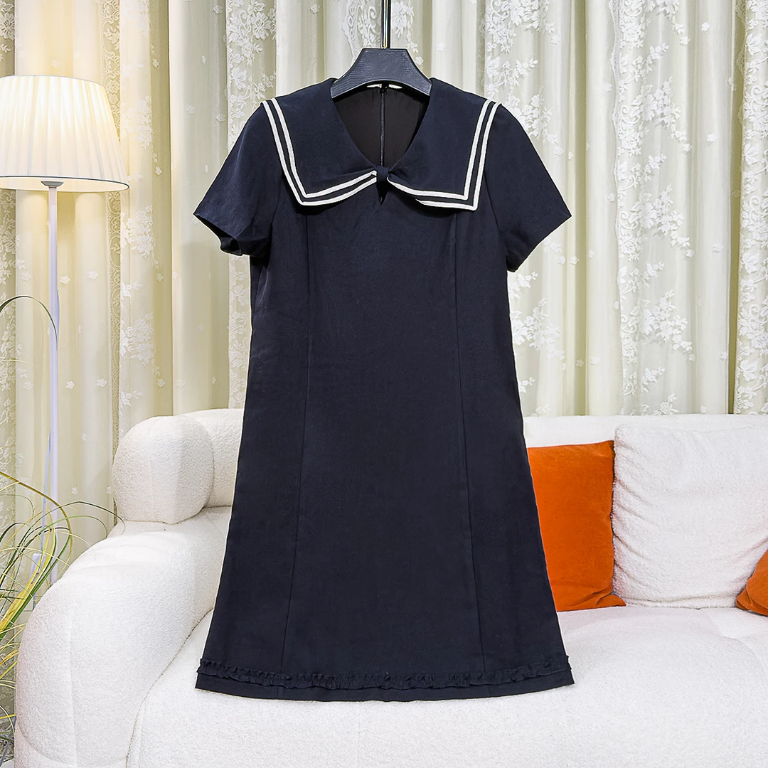 韩版气质撞色海军领短袖连衣裙女2025夏季新款大码胖MM简约时尚裙