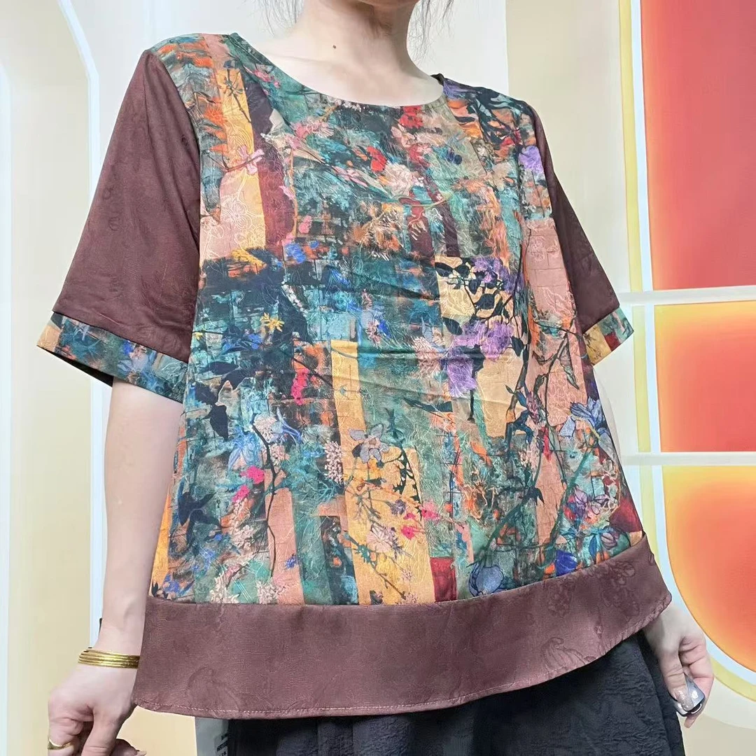 时尚站（D2）女士夏季圆领拼接复古设计感T恤812