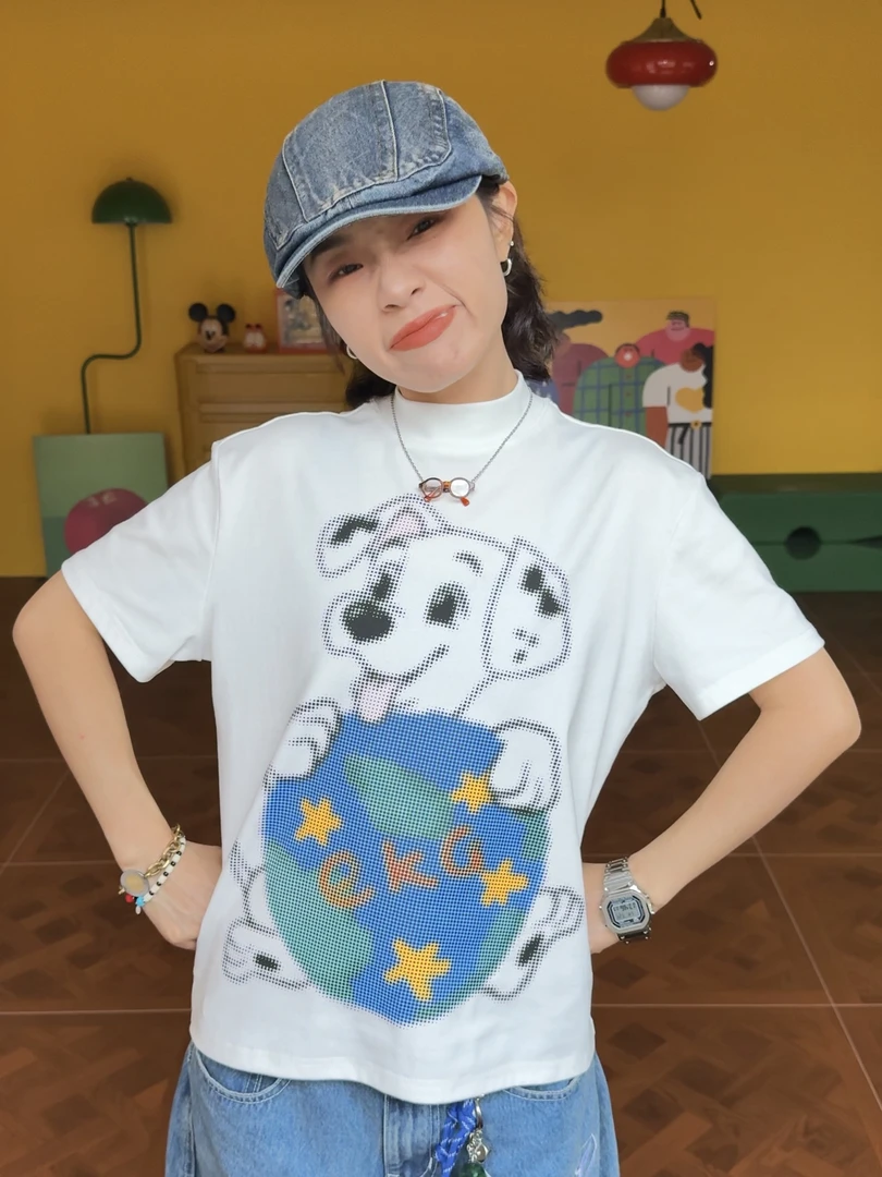（斑点狗）油画风美式复古小众原创设计撞色小领口插肩袖T恤