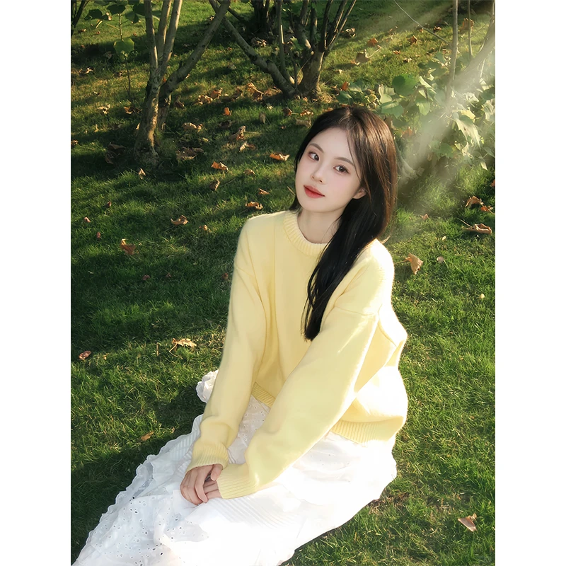 秋冬新款防寒保暖宽松版圆领毛衣女韩版慵懒风百搭针织上衣