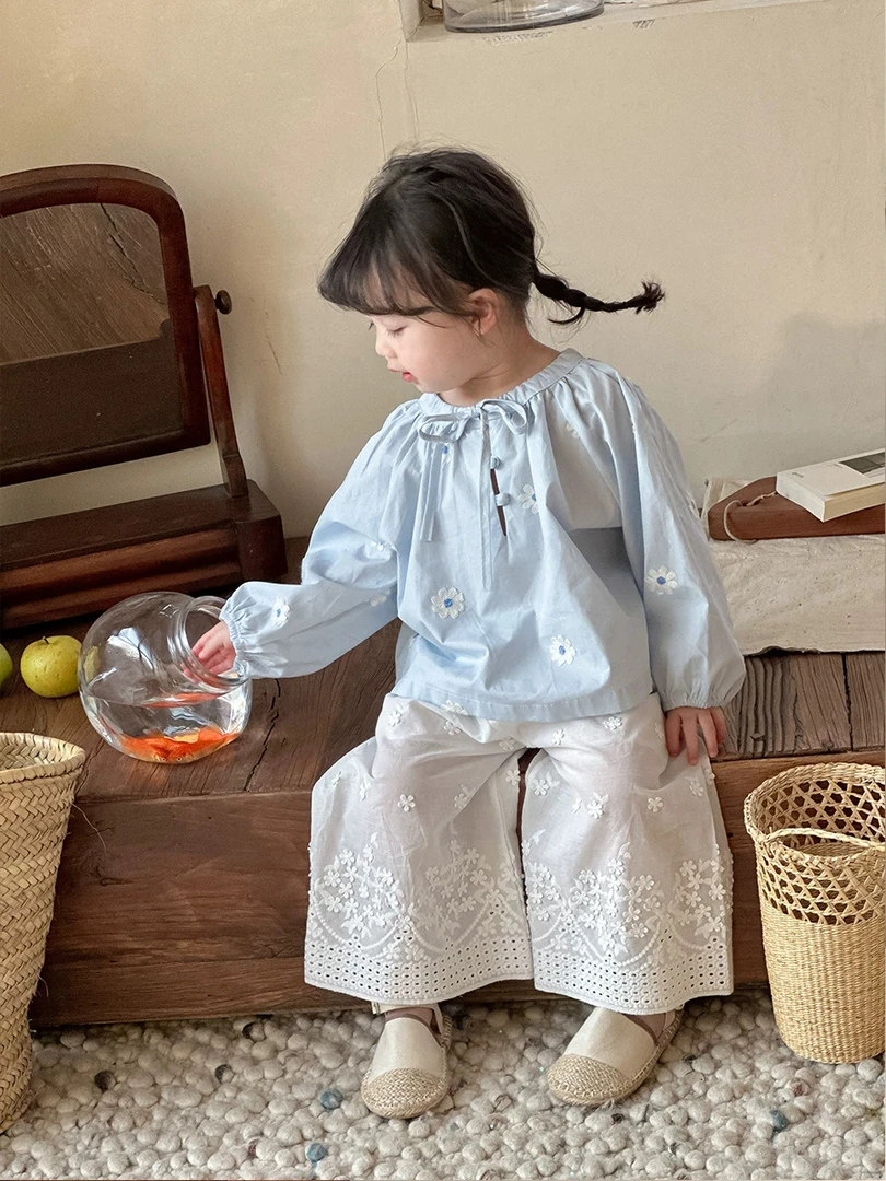 女童春装森系碎花衬衫2025童装上衣女宝宝山茶花娃娃衫长袖套头衫