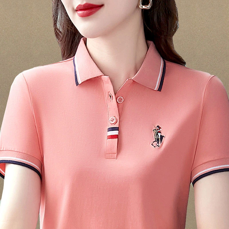 2025新款翻领夏季体恤衫女夏装短袖宽松休闲妈妈上衣大码恤