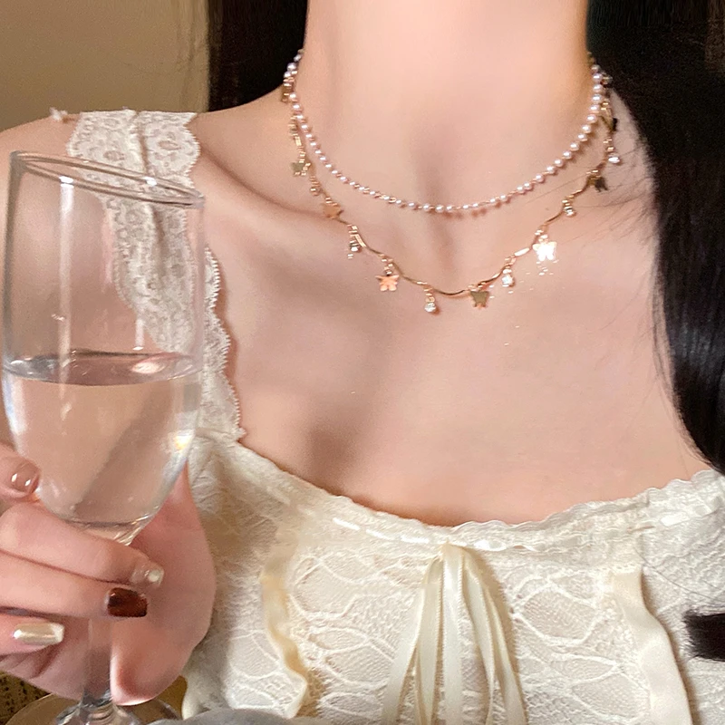 铜合金项链 轻奢双层蝴蝶珍珠项链小众设计高级感锁骨链气质配饰