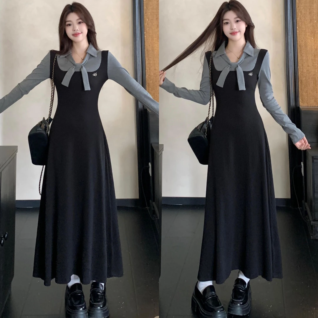 大码微胖学院风拼接连衣裙女秋冬新款假两件收腰显瘦打底内搭长裙