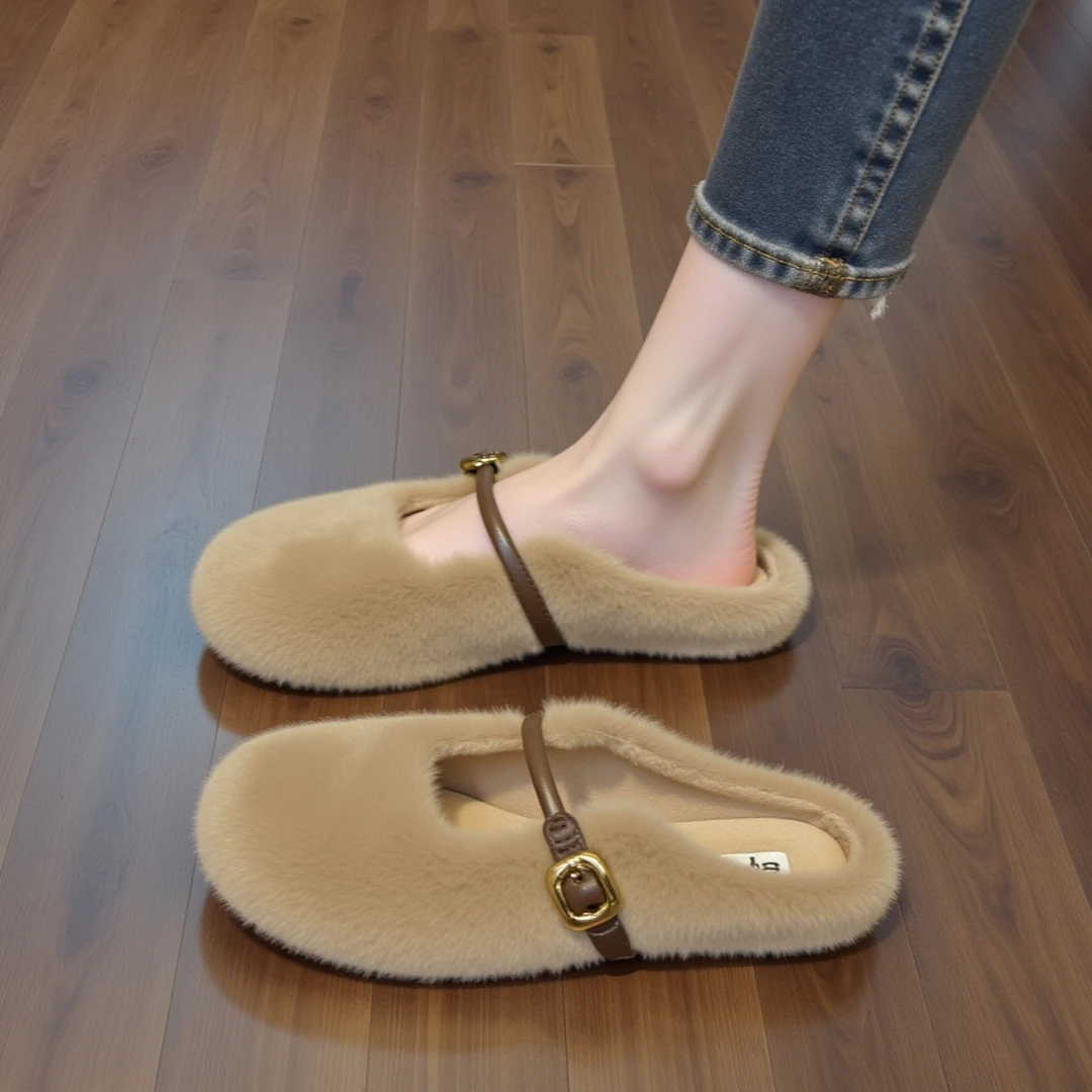 兔毛绒法式玛丽珍毛毛拖鞋女秋冬2025新款加绒保暖平底孕妇棉拖鞋