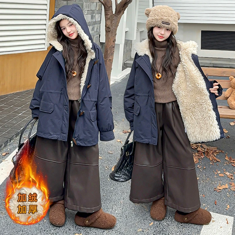 女童加绒中长款棉服外套女孩大童冬季保暖儿童连帽新款外套加厚潮