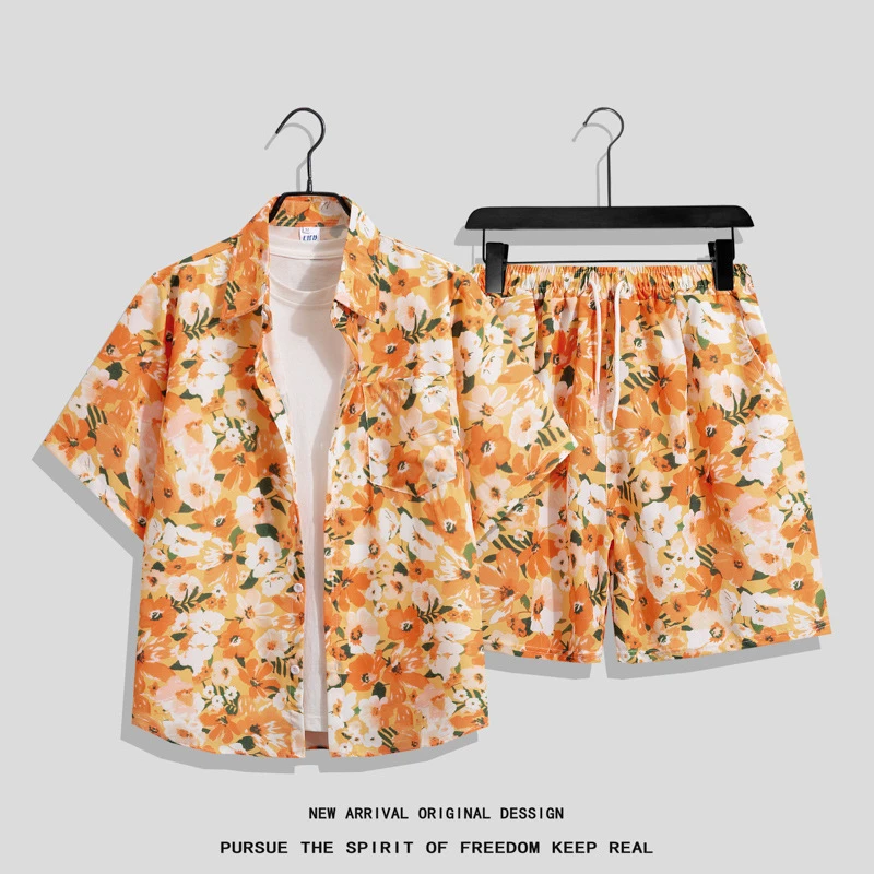 夏威夷花衬衫沙滩套装舒适潮流印花旅游男女情侣大码宽松休闲短裤