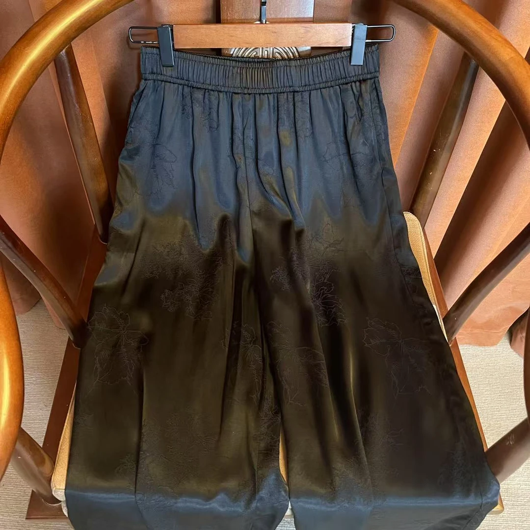 【瑶光】休闲裤新中式阔腿裤森系默认厚度复古宽松双层提花黑色长裤