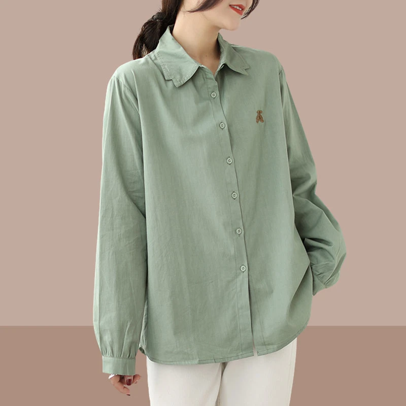 文艺百搭纯色休闲长袖衬衫女士2025秋冬季时尚新款刺绣宽松衬衣