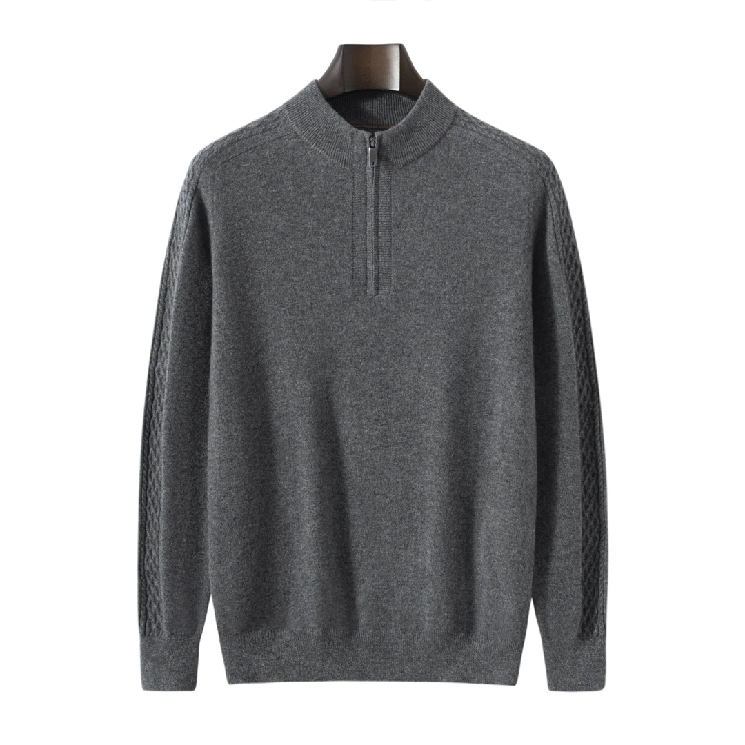 时尚经典】100%山羊绒男士12针半高领半拉链休闲马鞍肩羊绒套衫
