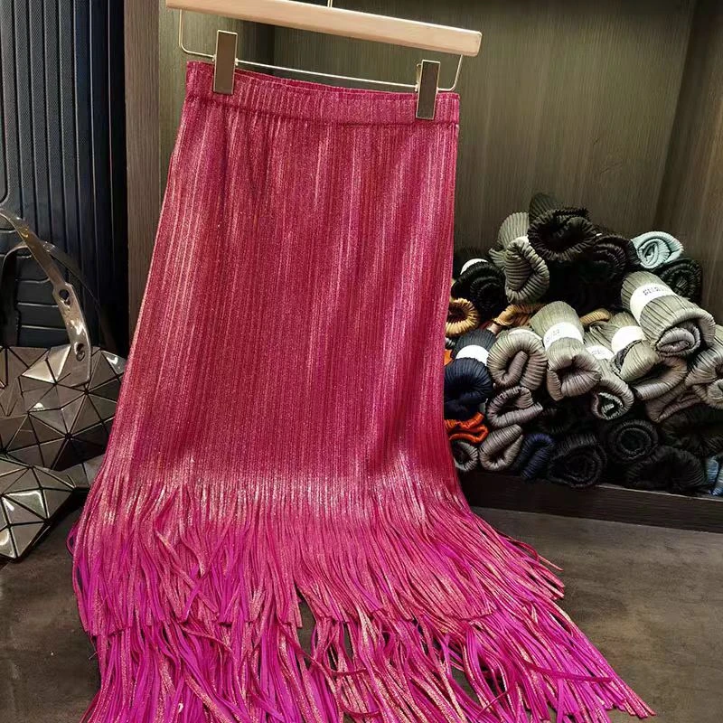 气质半身裙百褶高腰亮流苏编织长款