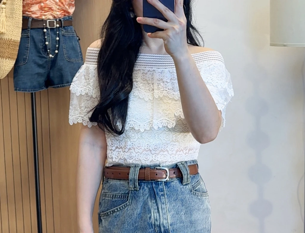 【欲系芭蕾】轻熟风一字肩蕾丝韵味性感修身上衣