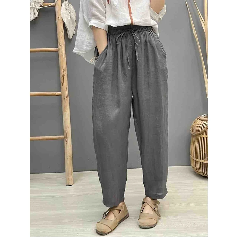 复古双层苎麻松紧腰系带休闲裤女夏文艺宽松大码显瘦口袋哈伦裤