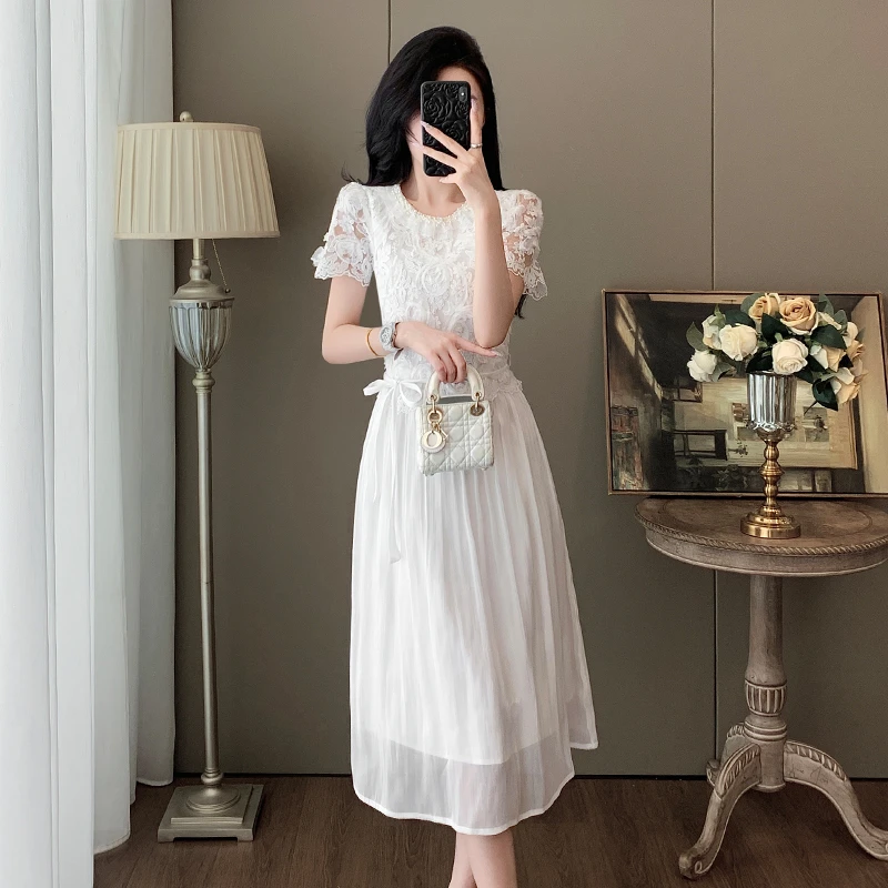 2025夏季新款法式复古蕾丝拼接短袖连衣裙女时尚气质减龄显瘦裙子