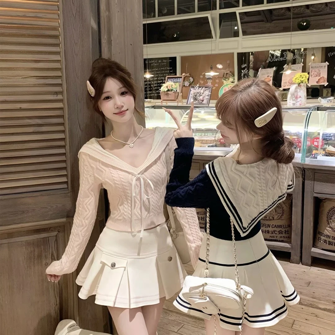 海军风甜美V领绞花针织衫女秋冬穿搭学院风粉色毛衣纯欲慵懒上衣