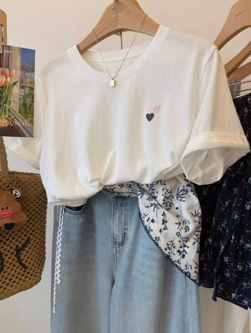 撞色双爱心糯叽叽亲肤雪花棉宽松T恤 衣长59 胸围48 LL55