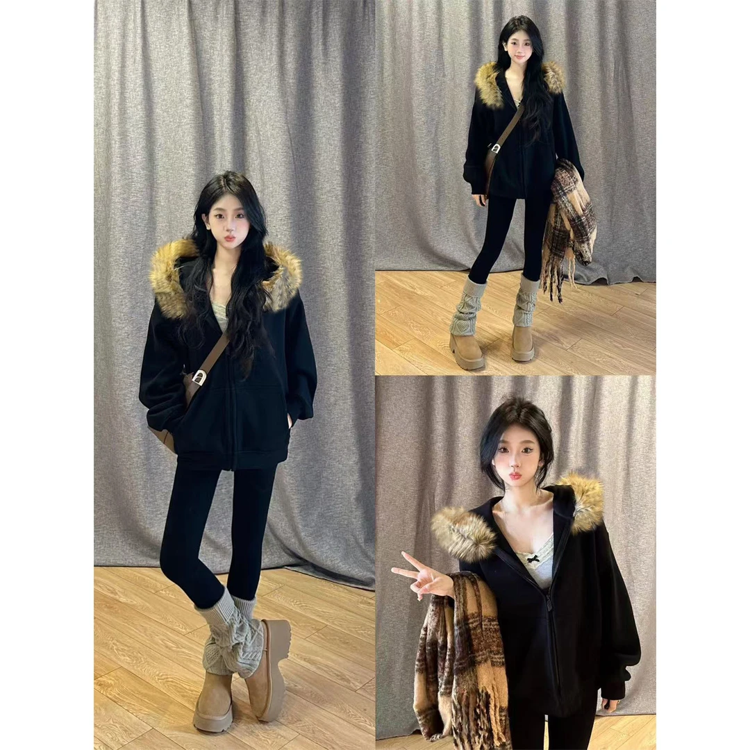 黑色毛领外套女秋冬季开衫加绒加厚连帽卫衣韩系短款上衣2025新款
