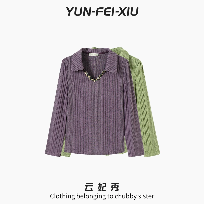 云妃秀大码女装针织衫竖条纹翻领休闲宽松显瘦遮肉胖妹妹秋季8945