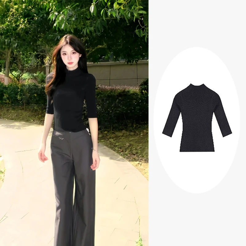 修身气质半高领中袖T恤女装夏季内搭纯色短款半袖打底衫时尚上衣