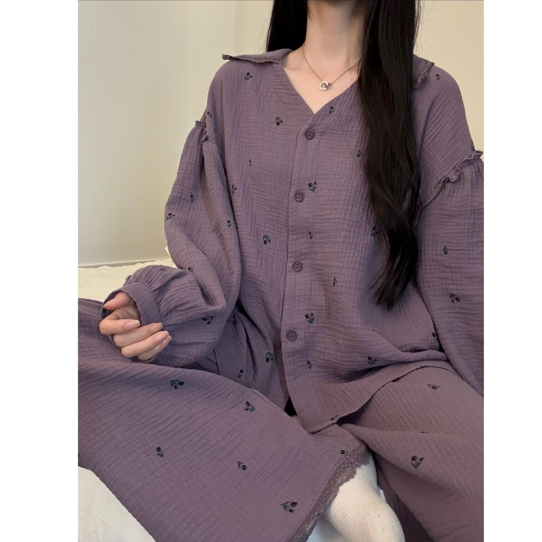 【DSYJ大睡衣家】紫色温柔风碎花纯欲睡衣女早秋爆款套装舒适家居服