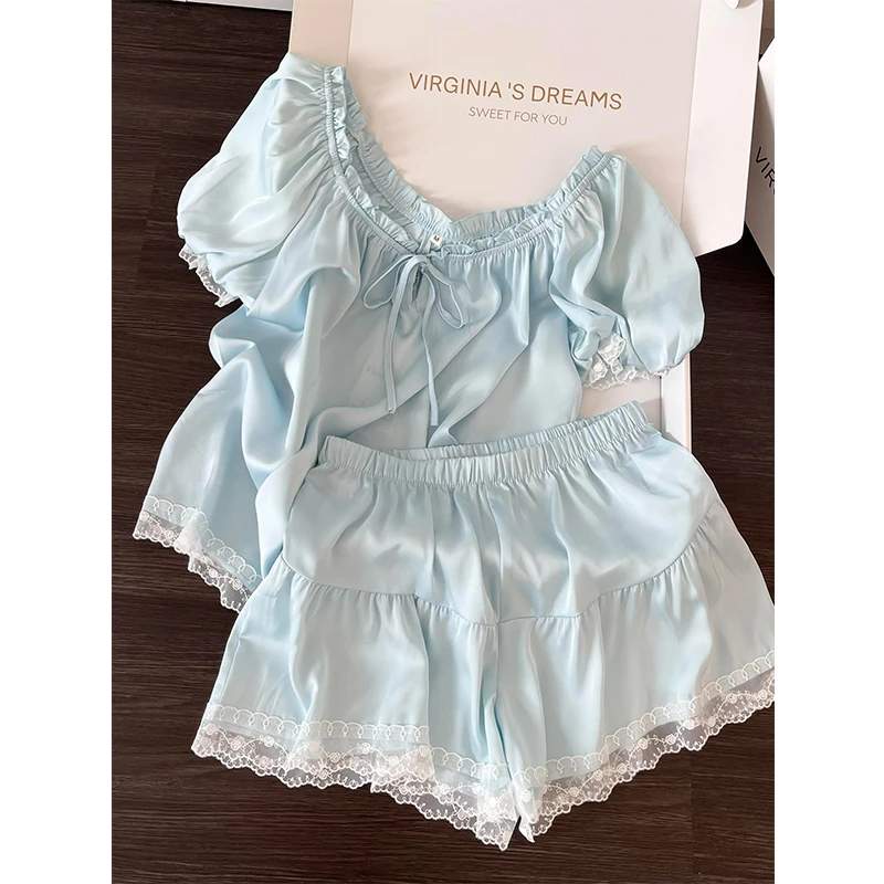 法式甜美性感纯色蕾丝边冰丝睡衣女夏季爆款短袖短裤可外穿家居服