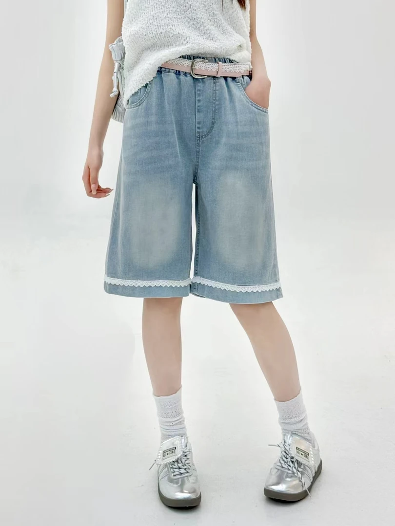 呼噜鱼原创女童牛仔五分直筒阔腿宽松休闲短裤夏季中大童时尚