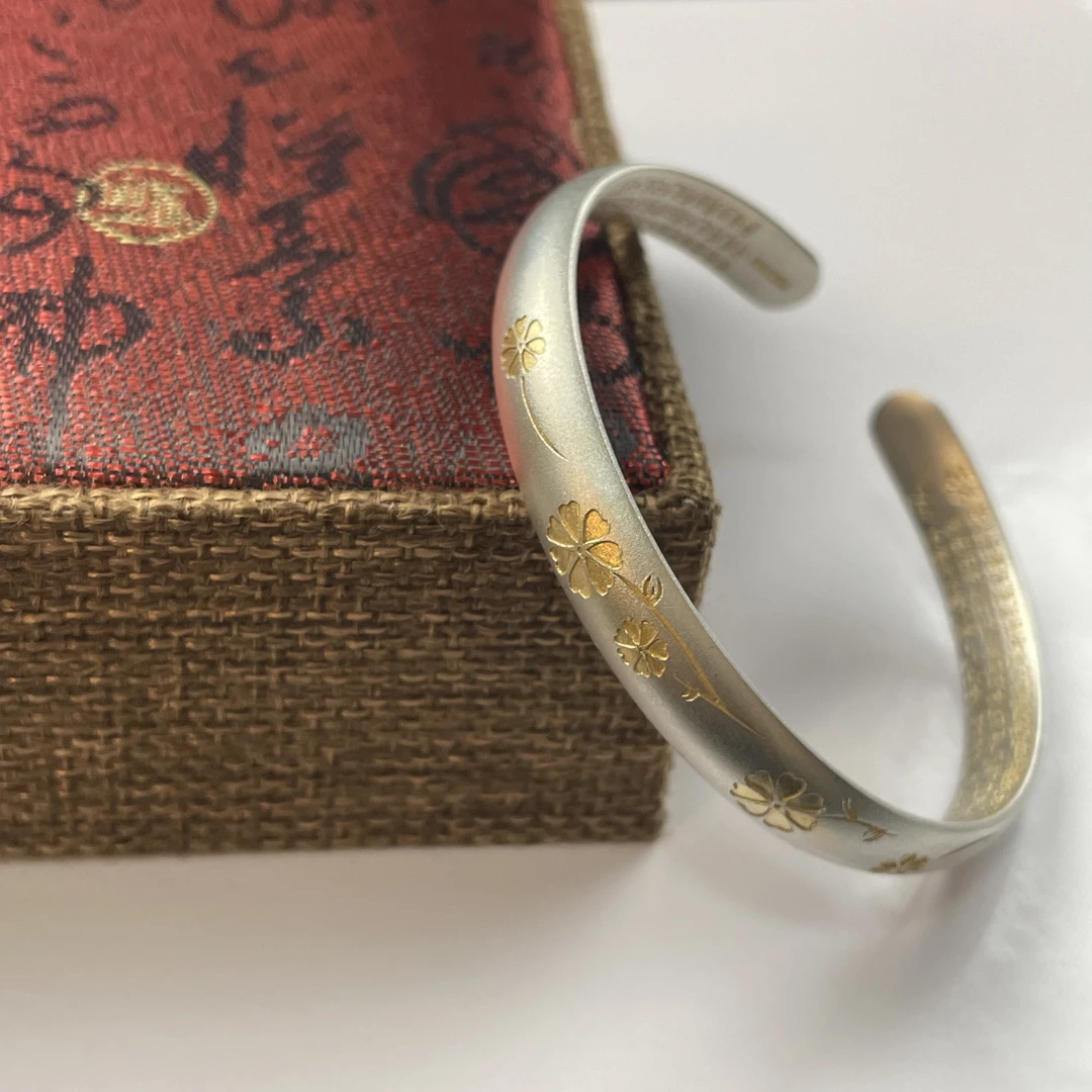 足银手镯 佬银匠  纯手工足银开口描金庆吉香心经手镯古风民族风
