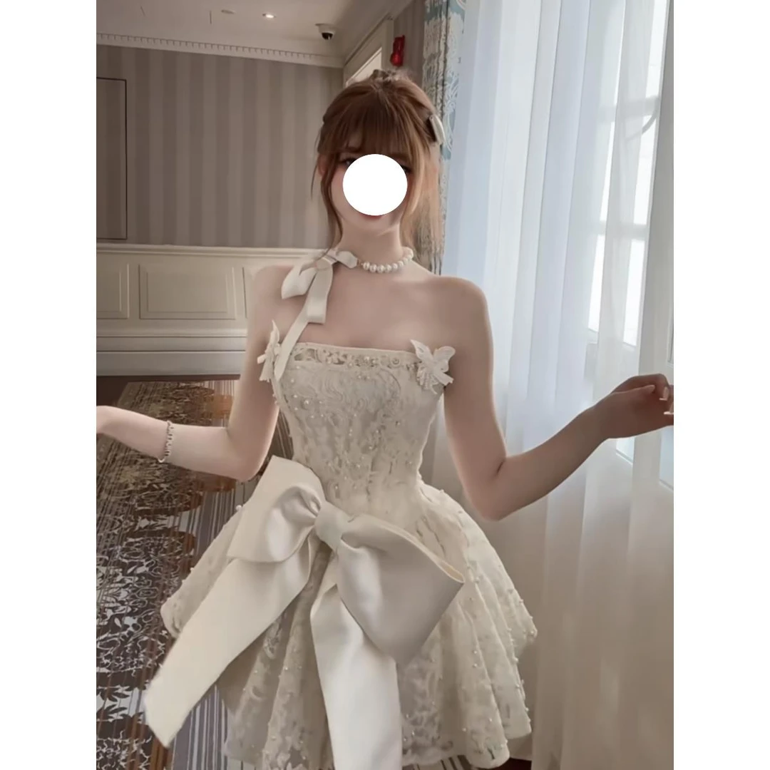 sisi酱珍珠白色蕾丝抹胸收腰连衣裙女夏季超大蝴蝶结公主生日短裙