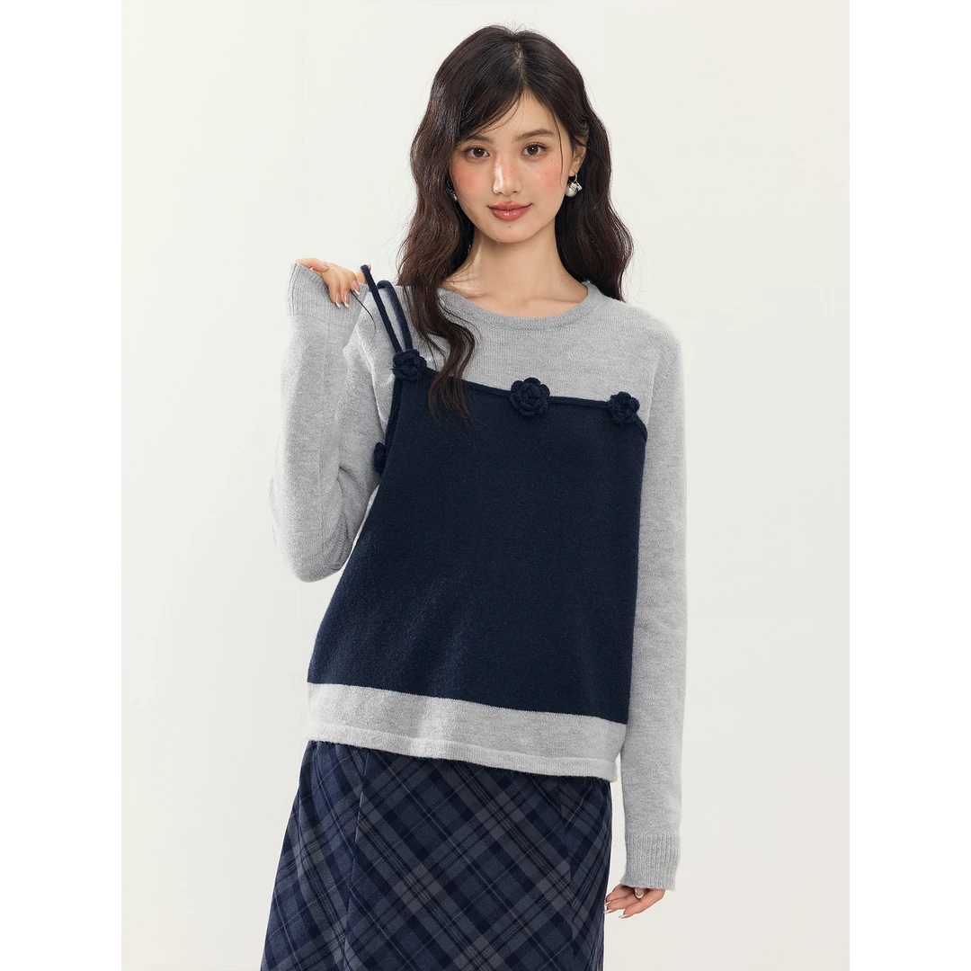 爱蔷薇大码长袖针织衫女假两件蓝色毛衣秋冬立体花朵上衣GT78386