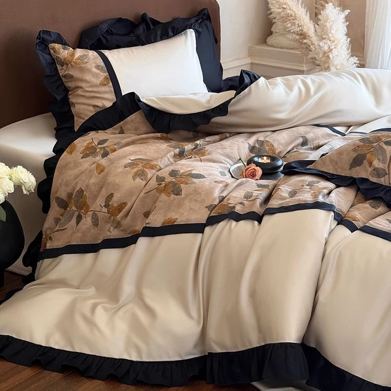 轻奢复古风100S全棉四件套长绒棉法式花边被套纯棉高级感床上用品