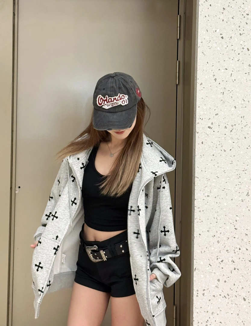 美式复古满印涂鸦连帽开衫卫衣女秋冬加绒宽松慵懒风小众拉链外套