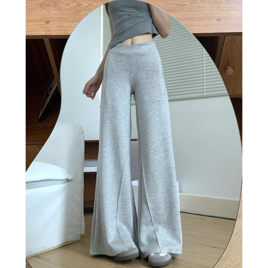 美式灰色运动微喇裤女秋季新款高腰显瘦宽松卫裤西装腰阔腿喇叭裤