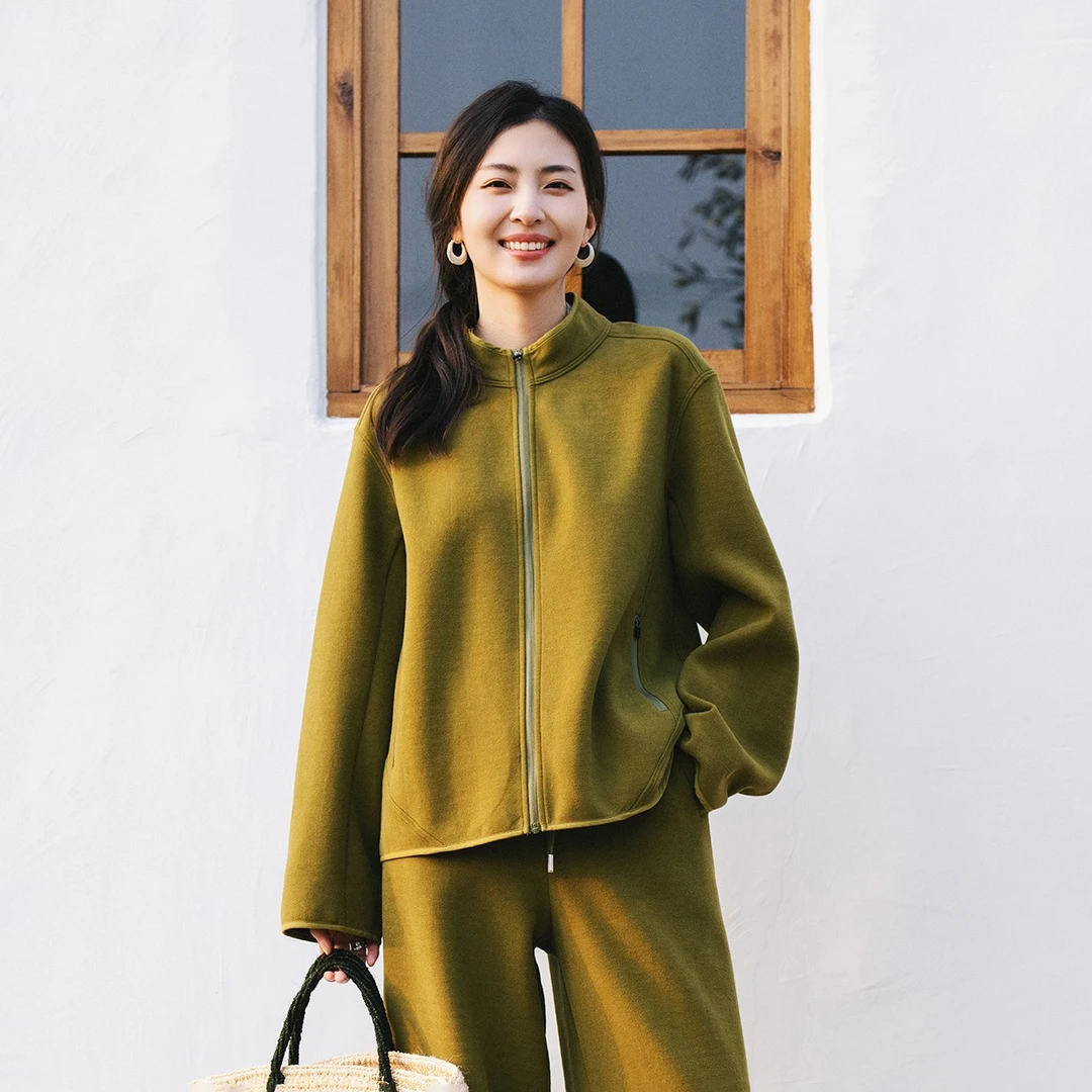 梭家｜松风｜简约通勤棕绿色混纺拉链外套春天女舒适亲肤百搭上衣