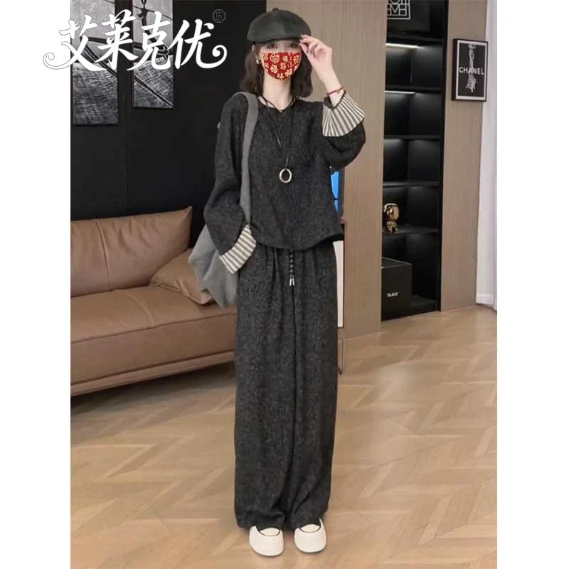 一整套春秋穿搭2025女装圆领上衣阔腿裤两件套小香风休闲时尚套装