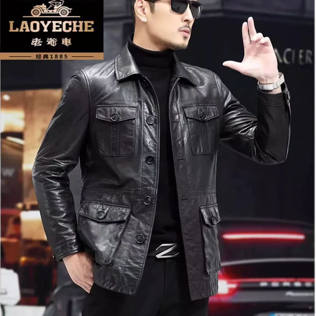 老爷车真皮黑色翻领外套皮草秋冬修身牛皮休闲男款男士皮衣男款