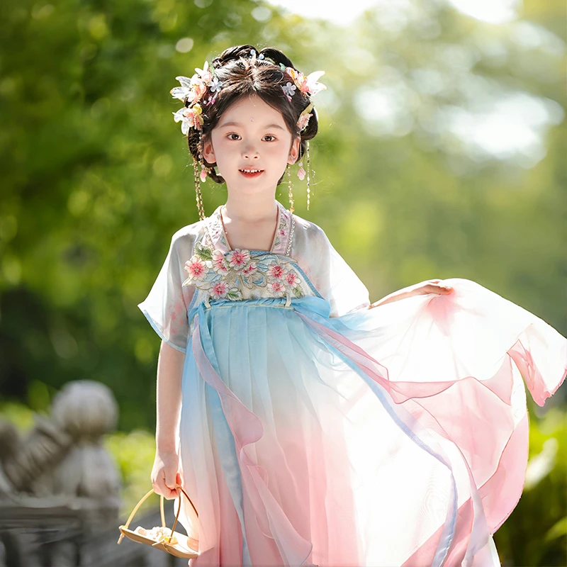 【花洛】女童国风襦裙夏新古风仙女表演舞蹈服裙子连衣襦裙仙气