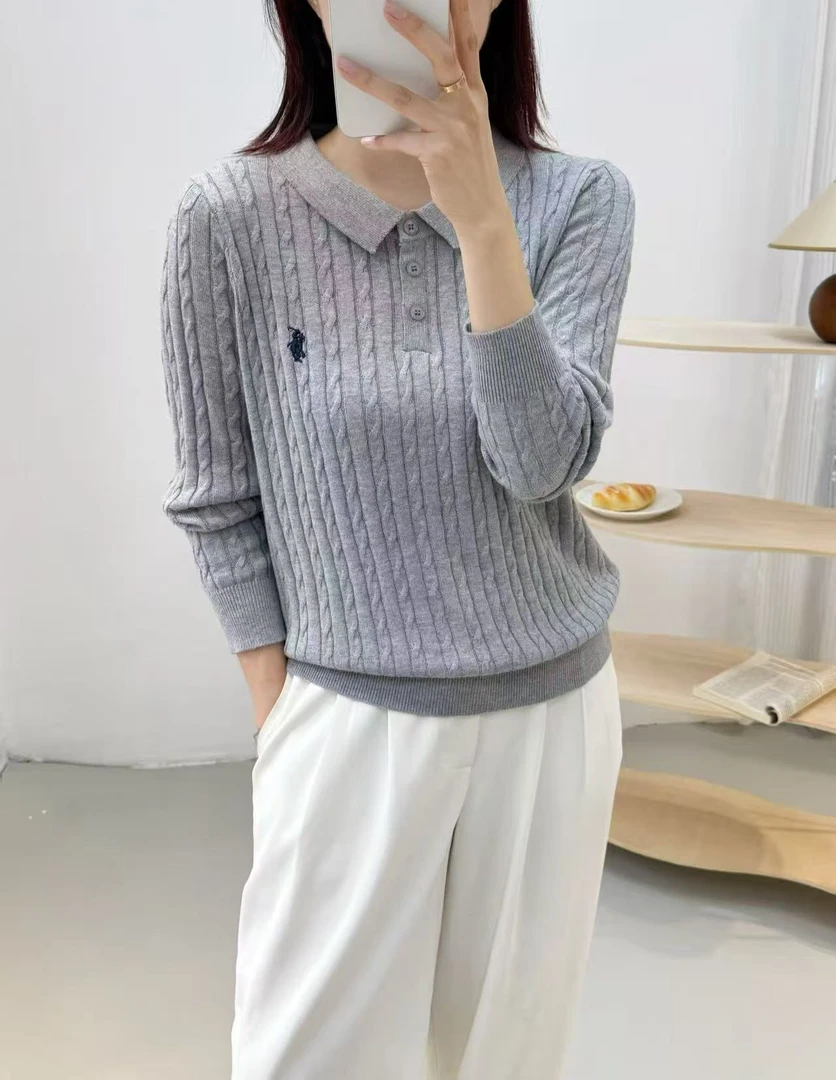 秋季麻花Polo领针织衫女战马打底上衣女