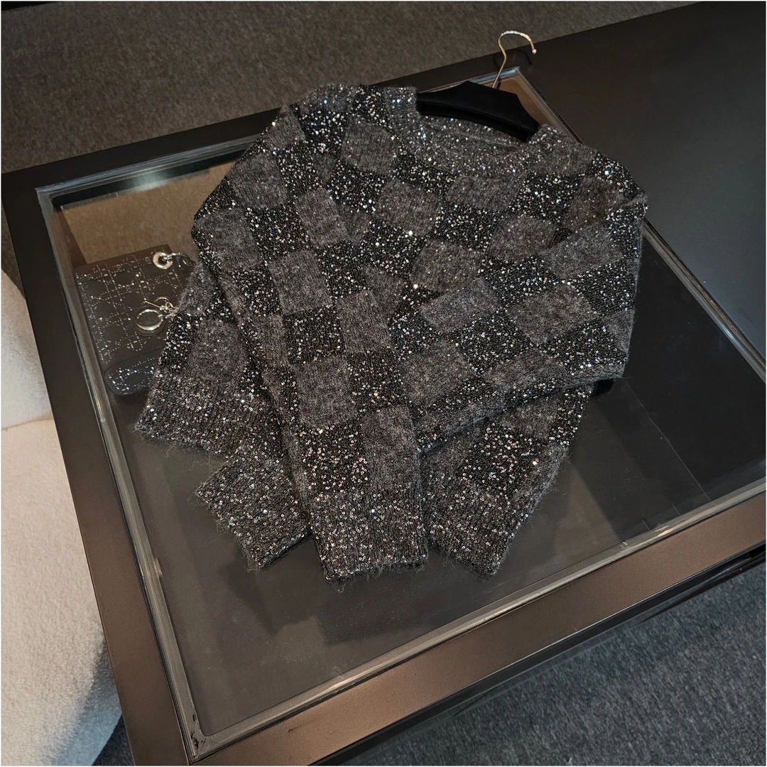 秋冬小香风棋盘格子细闪纱线圆领套头长袖毛衣针织衫女1605