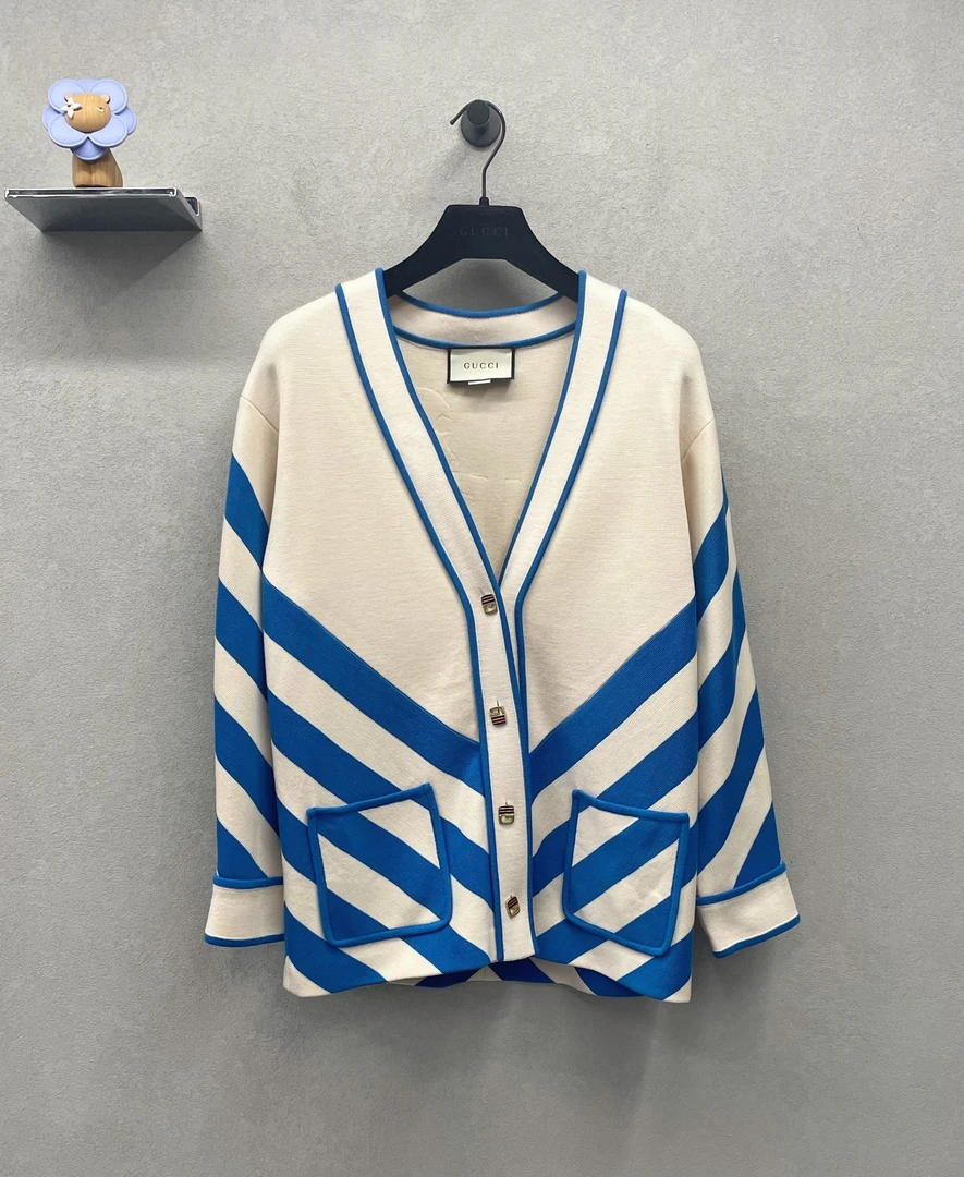 99新 GUCCI/古驰 蓝白条纹针织开衫/尺码xs（胸围约100）