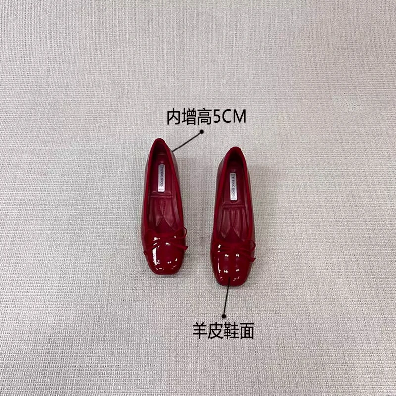 【澳门专柜正品】羊皮版内增高法式蝴蝶结浅口单鞋女红色配裙子漆皮