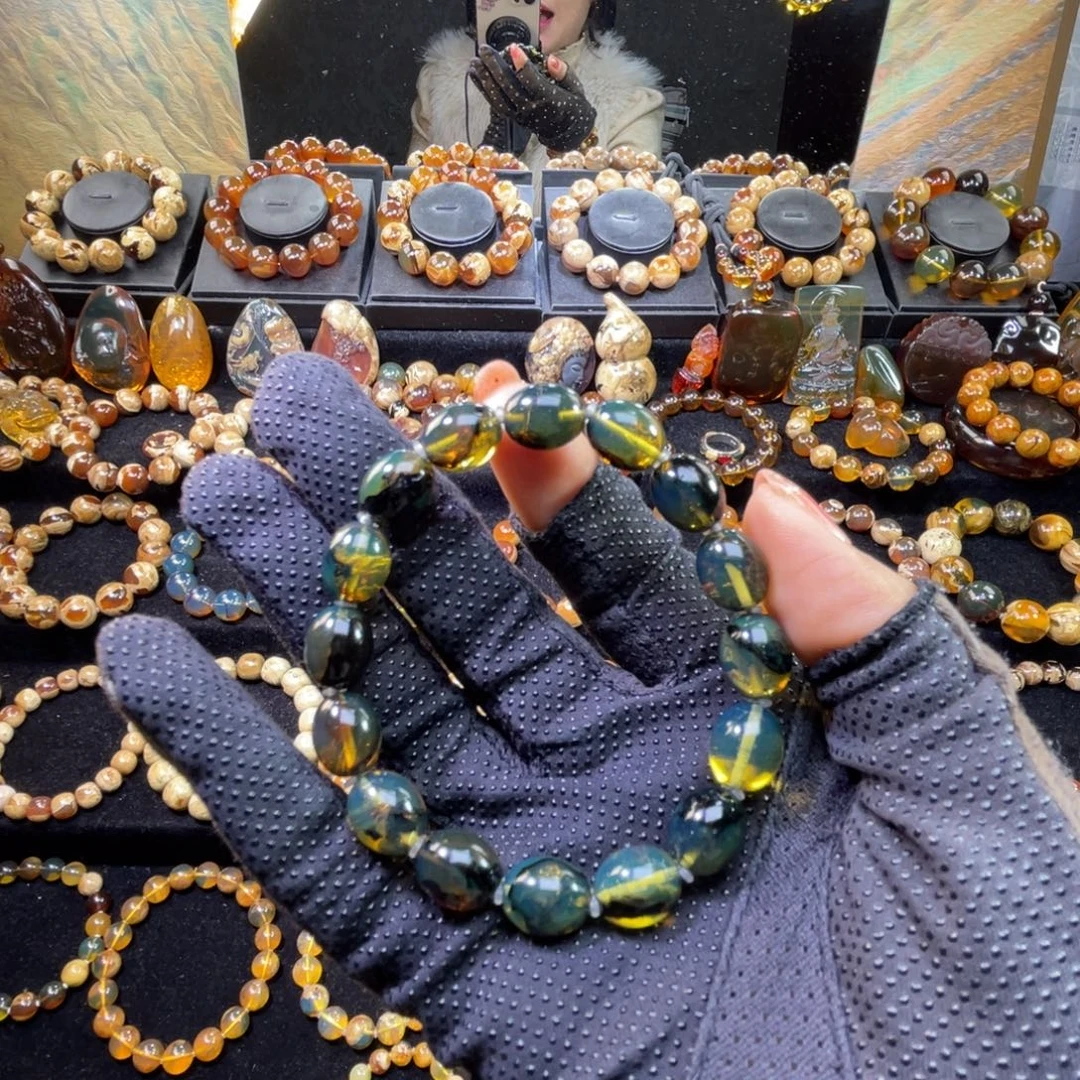 琥珀未镶嵌手串蓝藻藻珠